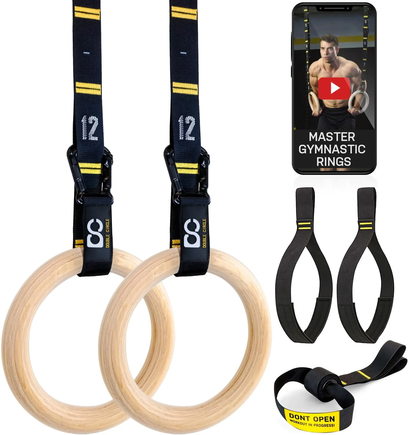 Double Circle Wood Gymnastic Rings with Quick Adjust Numbered Straps