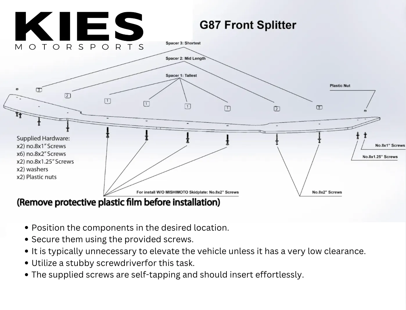 Kies Essential Exterior Trim Kit for BMW G87 M2 Front Lip, Side Skirt Extensions, and Rear Splitters