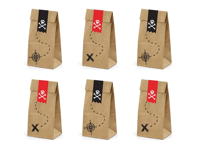 Pirate Party Mini Kraft  Paper Bags with Stickers - Pack of 6